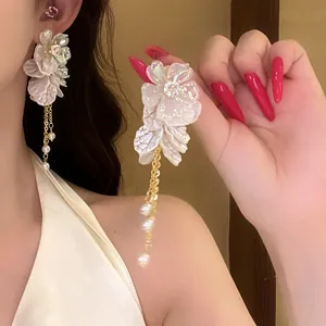 Elegant French style iridescent floral tassel earrings with pearls for a fairy look