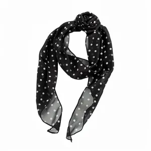Elegant black polka dot chiffon scarf with rose flower detail