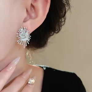 Elegante Ohrstecker mit Strasssteinen im Sunburst-Design am Modell getragen
