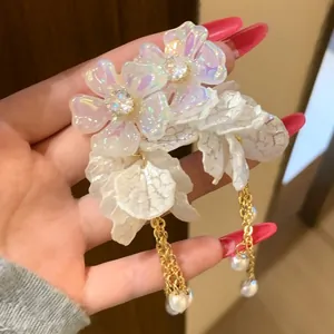 French style pearl flower tassel earrings with white petal drops and gold chains