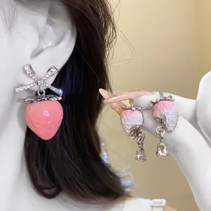 Sweet Pink Strawberry Stud Earrings With 925 Sterling Silver Earring Post Rhinestone Bow Fruit Jewelry For Women Girls Gift