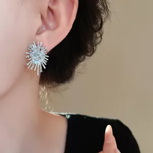 Detailaufnahme eines silbernen Stern-Ohrrings mit Kristallen am Ohr eines Modells
