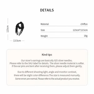 Detailed specifications of the polka dot chiffon scarf showing material and dimensions.