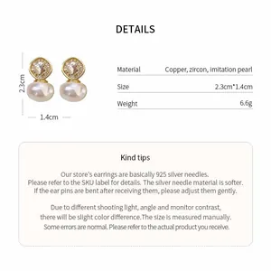 Detail infographic of pearl drop earrings with zircon showing size and material specs
