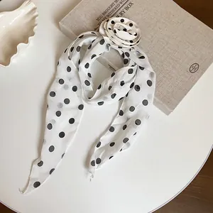 Vintage white polka dot chiffon scarf with a large elegant fabric flower detail accessory