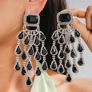 Luxury Copper Rhinestone Tassel Drop Earrings For Women European American Style Square Water Drop Inlaid Jewelry For Wedding Banquet Party