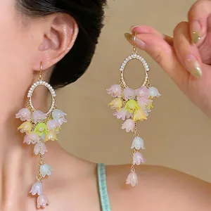 Fresh Lily of the Valley Flower Tassel Earrings Copper Rhinestone Resin Artificial Pearl Long Dangle Earring for Women Vacation Jewelry