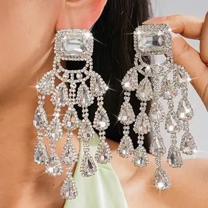 Luxury silver chandelier earrings with square stones and teardrop rhinestones