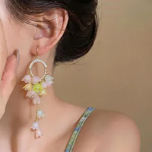 Elegant lily of the valley tassel earrings with multi-colored resin floral charms