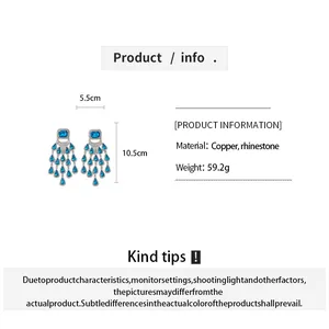 Product specifications for blue rhinestone tassel earrings with dimensions