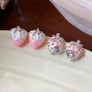 Sweet Fresh Strawberry Stud Earrings Copper Rhinestone Enamel Pink Gradient Fruit Earring With 925 Sterling Silver Post Women Jewelry