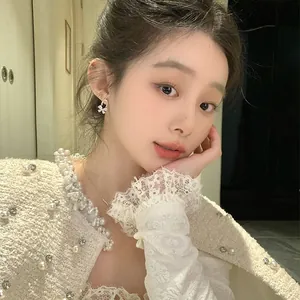 Exquisite Bowknot Artificial Pearl Stud Earrings For Women Sparkling Zirconia Inlaid Silver Color Steel Jewelry For Daily Party