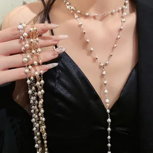 Vintage Luxury Double Layer Acrylic Glass Beaded Necklace Y-Shaped Geometric Clavicle Chain Gold Silver Plated Jewelry For Women
