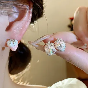Elegant pink gradient strawberry stud earrings featuring sparkling zircon and silver accents