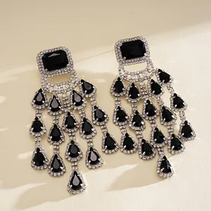 Exquisite square black rhinestone chandelier tassel earrings with silver needles for women.