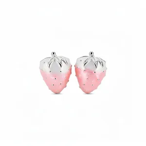 Delicate pink enamel strawberry stud earrings with silver needle and sparkling zircon
