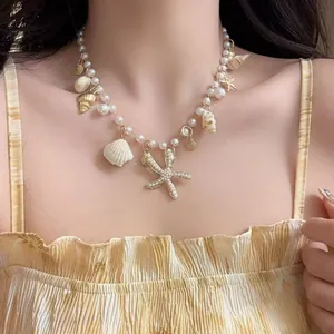 Collana con Ciondolo a Forma di Stella Marina e Conchiglia in Perle Artificiali Boeme Oro Lega Conchiglia Gioielli da Spiaggia per Donna