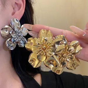 Metallic Flower Stud Earrings With Silver Post Women Vintage Oversized Iron Gold Silver Plated Fashion Jewelry