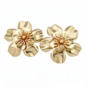 Elegant gold metallic glossy flower stud earrings with a 3D layered petal design