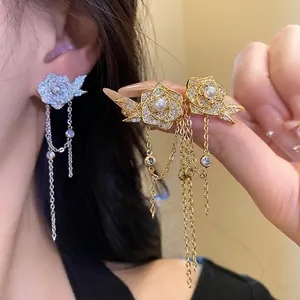 18K Gold Plated Flower Tassel Earrings with 925 Sterling Silver Post Zirconia Artificial Pearl Vintage Elegant Jewelry for Women