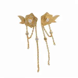 Vintage 18K gold plated tassel drop earrings featuring rose flowers, pearls and zircons
