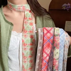 Pastoral Style Floral Plaid Mesh Scarf Necklace For Women Elegant Long Tulle Fabric Scarf Fashion Neckwear Jewelry Accessory