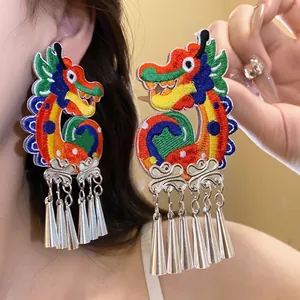 Vintage Chinese Style Dragon Embroidered Ear Clips Iron Metal Conical Tassel Earrings Ethnic Retro Lightweight Jewelry For Women