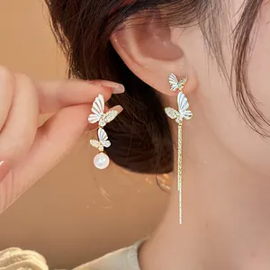 Luxury Alloy Butterfly Tassel Earrings For Women Gold Silver Earring Post Artificial Pearl Rhinestone Inlaid Holiday Jewelry Accessories
