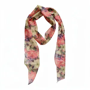 Elegant floral mesh scarf necklace featuring a pastoral pink and purple flower pattern