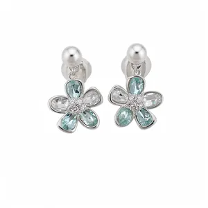 Eleganti orecchini a clip a fiore argento con cristalli blu e perle per orecchie non forate