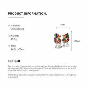 Detailed view of knitted dragon tassel ear clips with size and material specifications.