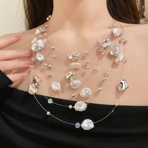 Elegante Unregelmäßige Mehrlagige Künstliche Perle Perlenkette Für Damen Silberfarben Legierung Glasperlen Mode Schlüsselbeinkette Schmuck