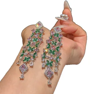 Elegant heavy cubic zirconia flower drop earrings for gala evening wear