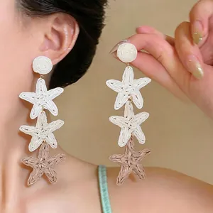 Bohemian Raffia Woven Star Tassel Drop Earrings For Women Summer Beach Vacation Jewelry With 925 Sterling Silver Earring Post