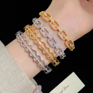 Set of 18K gold plated zircon square hollow link bracelets and geometric cuff bangles