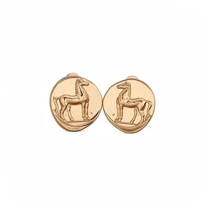 Elegant vintage matte gold round stud earrings featuring embossed horse design with silver needles