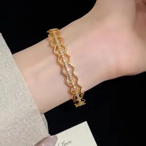 Elegant 18K gold plated honeycomb geometric bangle bracelet with pavé set cubic zircons