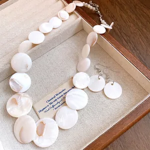 Vintage elegant white shell disc necklace and hook earrings jewelry set