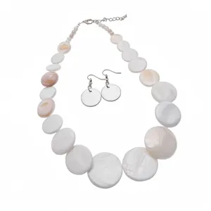 Elegant vintage white shell circular pendant necklace and earring set jewelry for women
