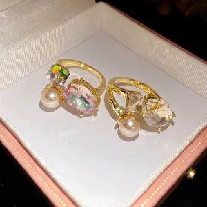 Vintage Alloy Rhinestone Oval Artificial Pearl Open Ring For Women Light Luxury Gold Plated Adjustable Finger Ring Jewelry