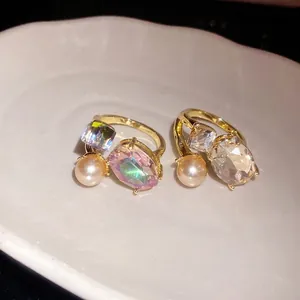 Elegant vintage gold-plated open ring featuring multi-color oval crystal and pearl detail