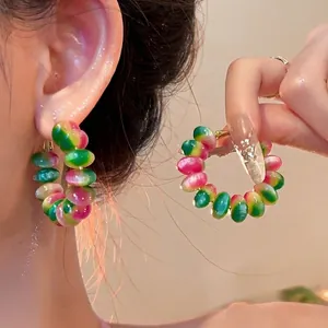 Bohemian Resin Gradient Tie Dye Beaded Hoop Earrings For Women Summer Fashion Multi Color Round Stud Earrings Silver Post