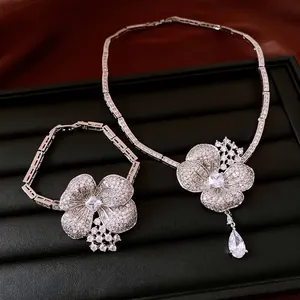 Exquisite Flower Water Drop Pendant Necklace Bracelet Inlaid Zirconia Silver Color Court Style Luxury Jewelry For Women