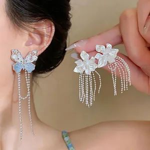 Französisch Elegante Blumen Schmetterling Quasten Ohrringe mit 925 Sterling Silber Stift Strass Hängende Ohrringe für Damen