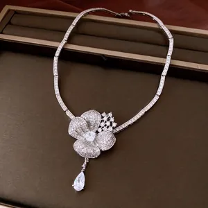 Elegant cubic zirconia flower necklace with teardrop pendant for women silver finish