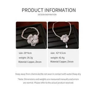 Detailed product specifications and dimensions for the zircon flower necklace and bracelet set