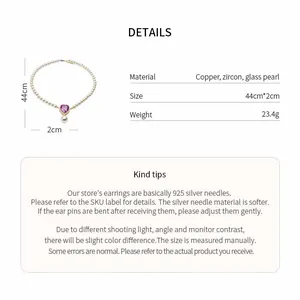 Detailed specifications of the vintage pearl and purple heart zircon bead necklace.