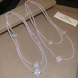Artificial Pearl Zirconia Copper Flower Necklace For Women Retro Light Luxury Clavicle Chain Fashion Jewelry Accessory Gift