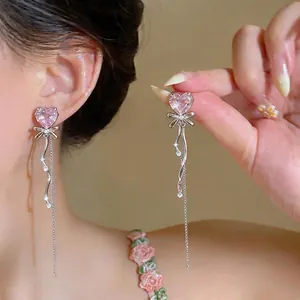 Boucles d'Oreilles Pendantes Gland Nœud Papillon Cœur Rose en Zirconia pour Femmes Tige en Argent Sterling 925 Bijoux