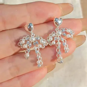 French Vintage Heart Bowknot Stud Earrings Copper Zirconia Artificial Pearl Earrings For Women Elegant Small Group Luxury Jewelry